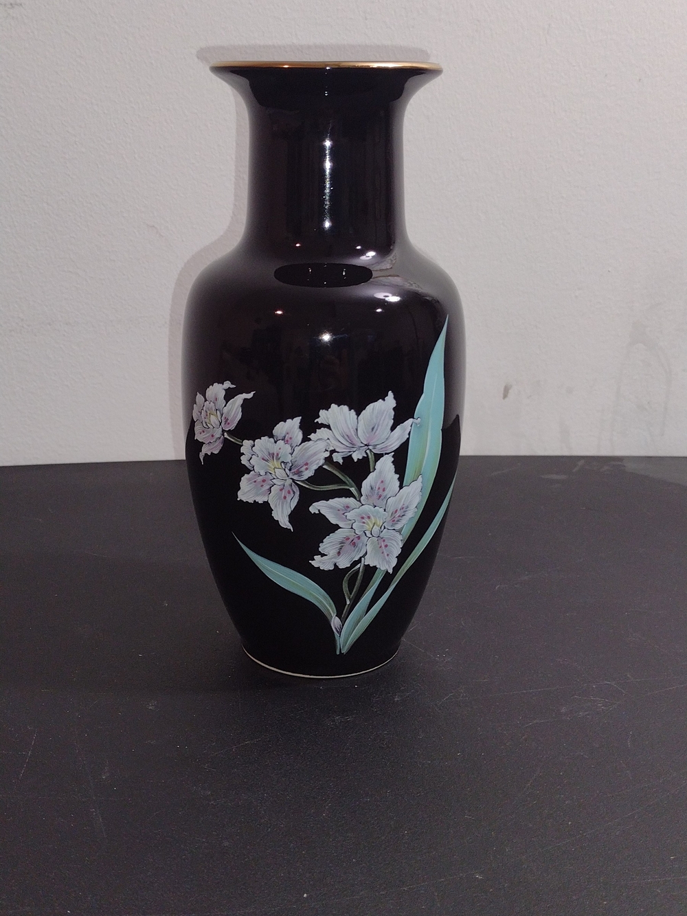 Japanese Weekend Black Ceramic Vase with Pale Pink Floral Design